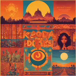 some artwork with many different colors,the poster for a festival features a woman and colorful background