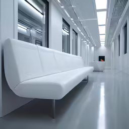 a white room with windows and a long leather couch