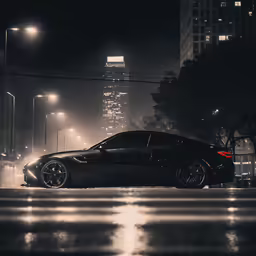 a black sports car on the street in the dark