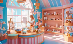 a woman in a room with shelves and windows
