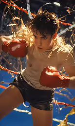 a girl with a red boxing glove playing in the water
