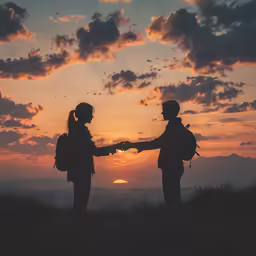 a couple is standing and shaking hands in front of the sunset