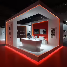 a bright room with the counter lit by red lighting