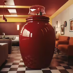 a large red urn sitting in the middle of a checkerboard floor
