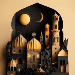 an architectural display of buildings and a crescent moon