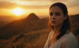a beautiful young woman stands on the edge of a cliff