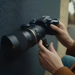 person photographing something with a lens mounted to a wall