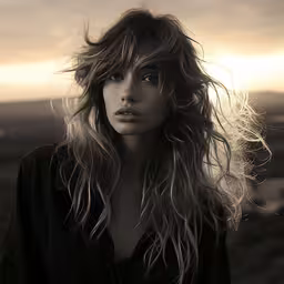a woman with wavy hair and dark eyes,a woman is posing for a picture by the water