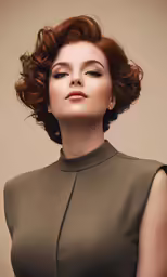 a woman with red hair looking up while wearing green dress