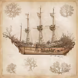 antique looking ship on parchment paper with trees and sun