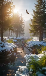 two bicyclists ride in the snow past some evergreen trees