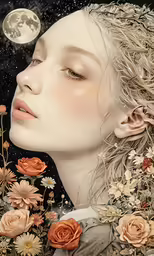 the woman is in the middle of a flowered landscape