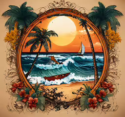 a painting of a sunset with palm trees,a painting of a tropical landscape that looks like a mirror