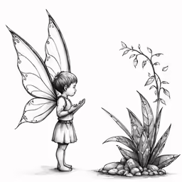 a drawing of a fairy holding a flower next to a plant
