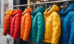 colorful hoodies hanging from a rack in front of a building