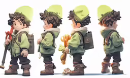 three different photos of a little boy in green and brown clothing
