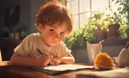a young child in white shirt sitting at table