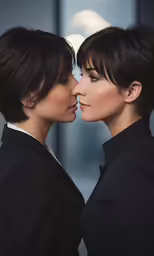 two women in black jackets, one of them kissing her other