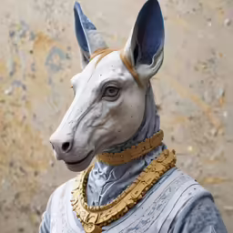 a white dog wearing yellow collars and wearing a blue outfit