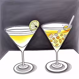 two glasses of a yellow liquid and a glass of ice and lemon,two martinis are shown with one is orange