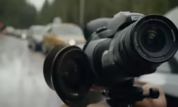 a man is holding a camera on the street