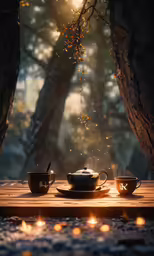 two cups sit next to a tea pot and saucer