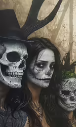 two women wearing skulls in their hair and makeup