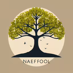 a logo for a tree that is green,the tree has two birds flying around it