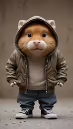 a small stuffed animal in a jacket and shoes