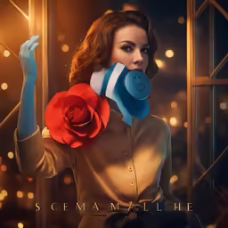 a woman holding a flower with her teeth
