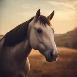 an elegant horse standing on the side of a dirt road