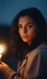 a woman holding a candle in her hands with a dark background