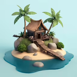 an island with a tiny hut, palm trees and a rock