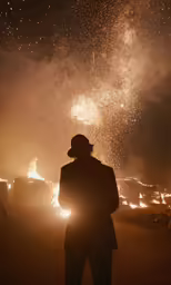 the man in the hat is standing near the fire