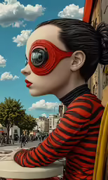 a woman with red goggles sitting at a table