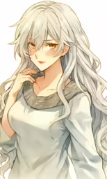 a cartoon woman with long hair in white and gray shirt