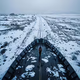 a snow covered road leads through the middle of nowhere