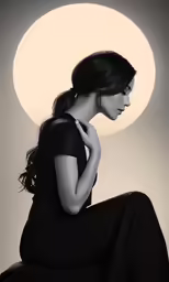 the woman is sitting down near a white wall