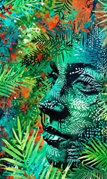 the face of an african woman painted with bright colors and green leaves