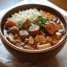 there is a bowl filled with meat and rice
