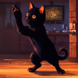 a black cat with a bright glowing eye has its paws raised