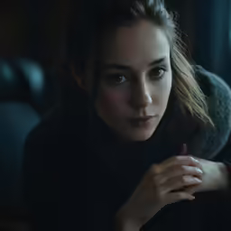 a woman looks into the camera in a dark room