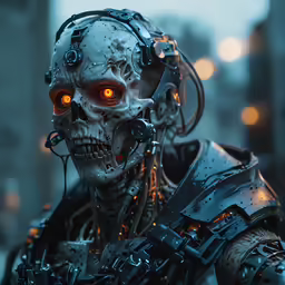 an alien man with headphones and skull paint on