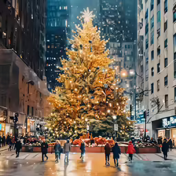 a large christmas tree sitting in the middle of a street