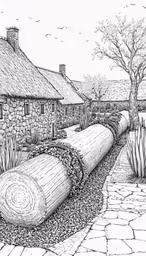 a log laying on a path by a house