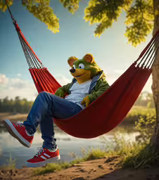a person dressed in a cartoon hammock with red sneakers on,a person wearing an animal costume in a hammock