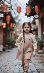 a little girl that is walking on bricks