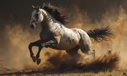 a white horse in mid - air with dust and brown background