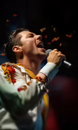 a male singer with one hand on the microphone