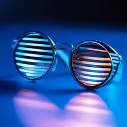 a pair of glasses that is glowing and sitting on a table